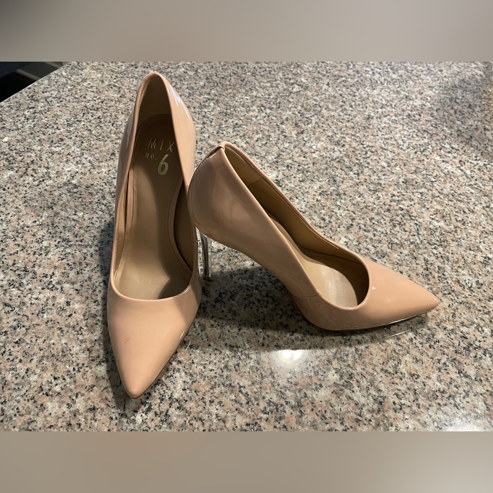 Nude patent leather pumps with 3 inch clear stiletto heel